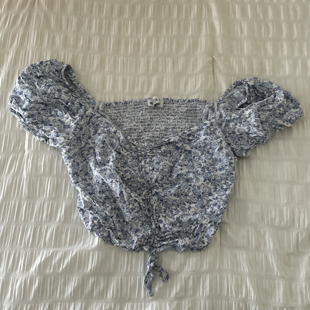 Hollister Blue & White Floral Crop Top Shirred Tie